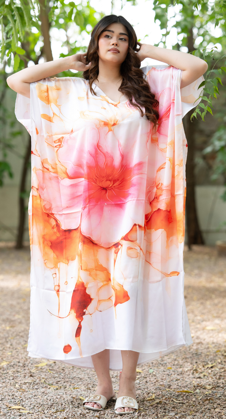 Floral Light Pink Satin Silk Women Plus Size Kaftan Lounge Dress
