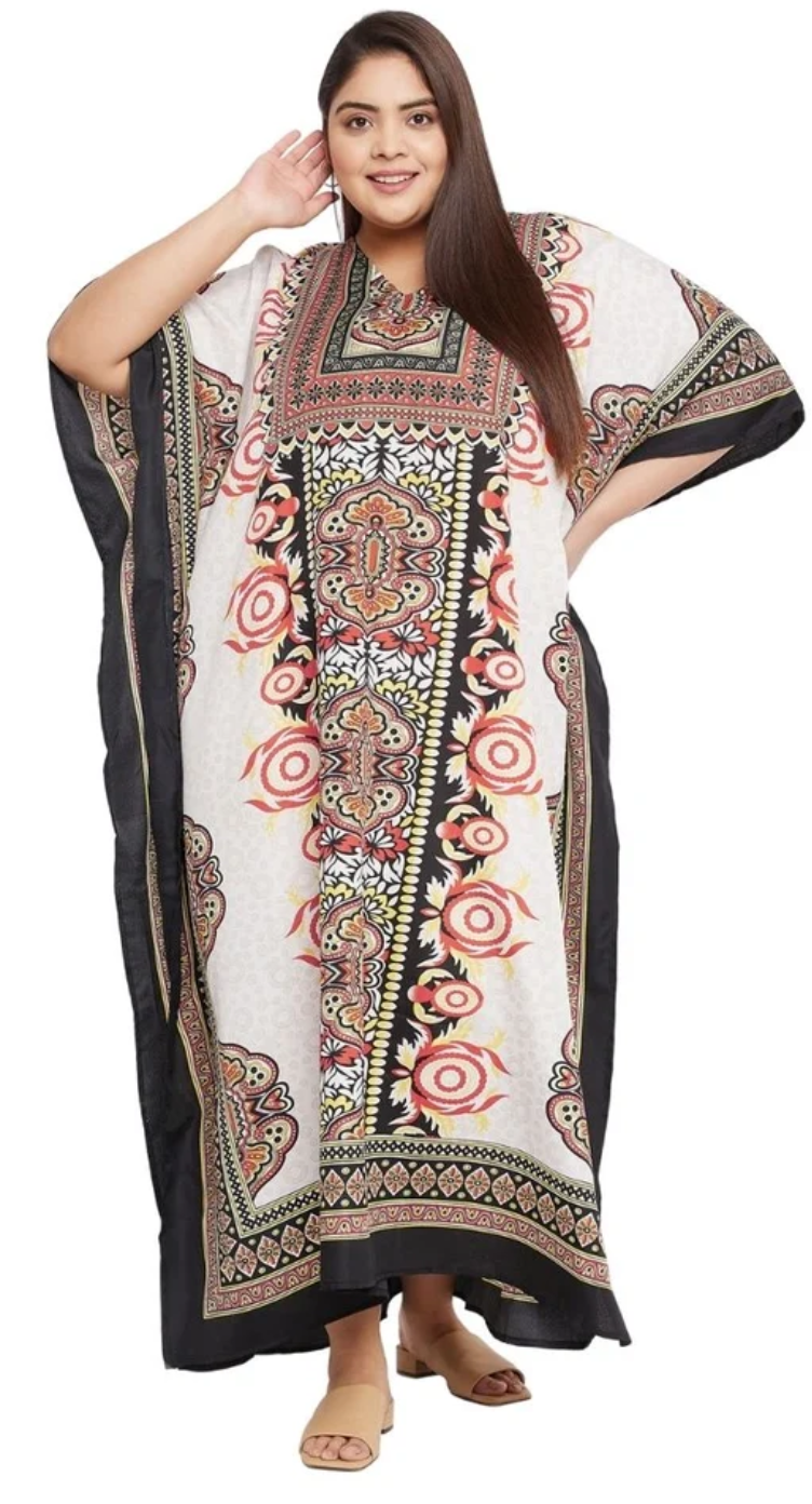 White Dashiki Medallion Polyester Plus Size Kaftan for Women 1X-3X | GypsieBlu