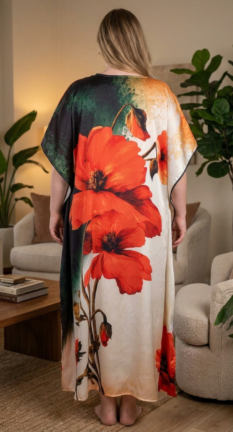 Red Floral Satin Women Plus Size Kaftan Elegant Dress