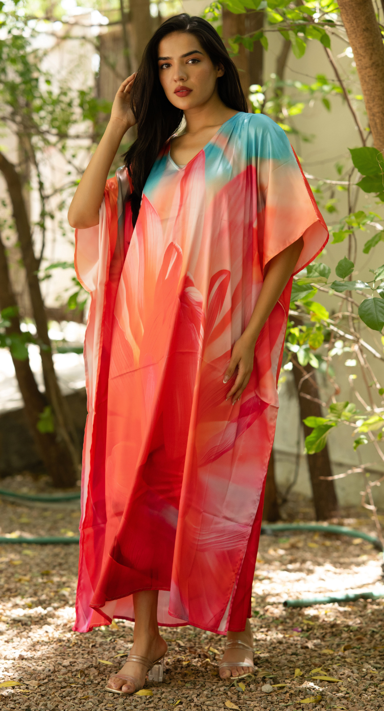Abstract Coral Red Satin Silk Women Plus Size Kaftan Party Dress - SKU KAF152-1048 - Gypsie Blu