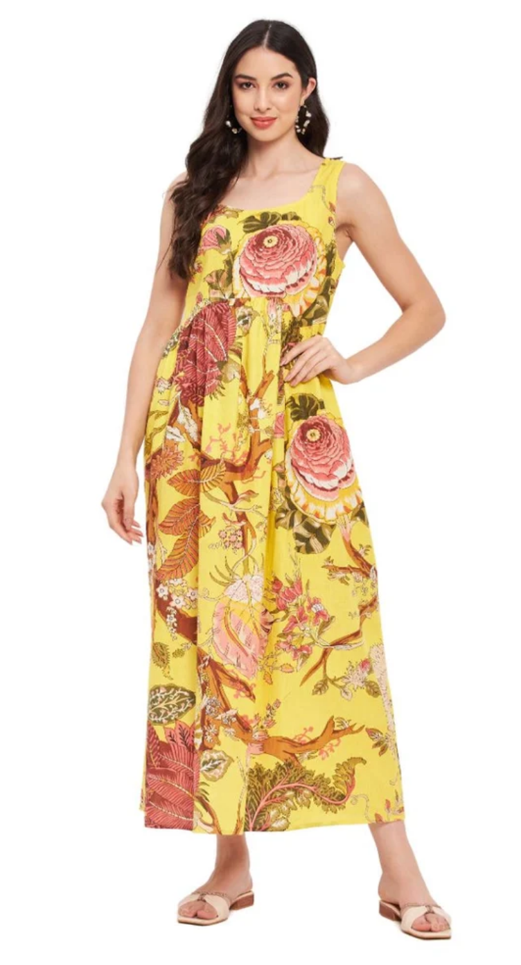 Yellow Floral Cotton Maxi Dress for Women S-XL Sleeveless U Shape Neck | GypsieBlu