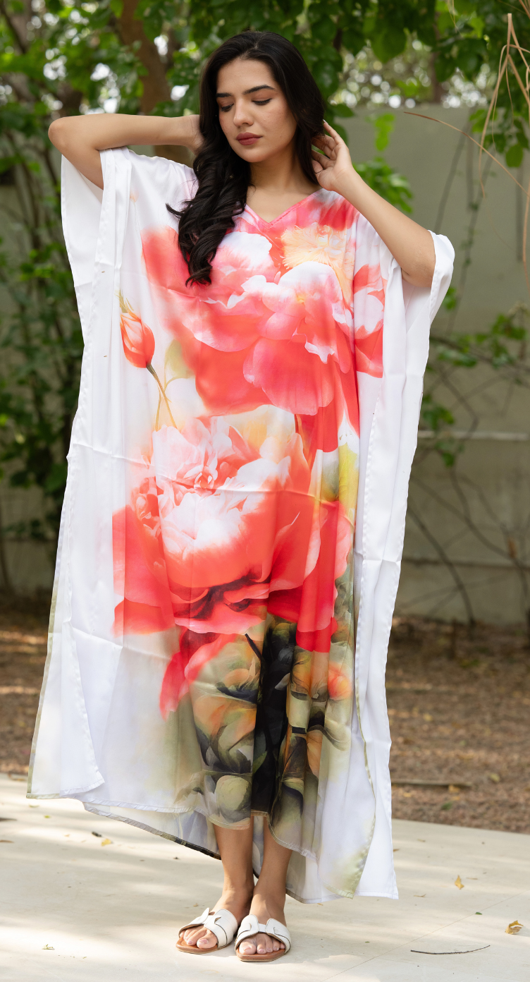 Floral White Satin Silk Women Plus Size Caftan Loungewear Dress