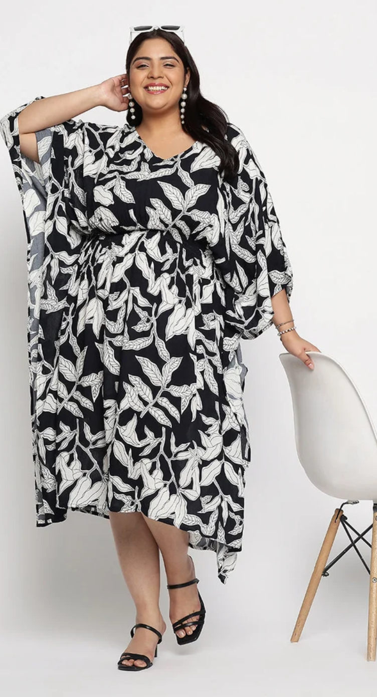 White Botanical Leaf Rayon Plus Size Kaftan for Women 1X-3X | GypsieBlu