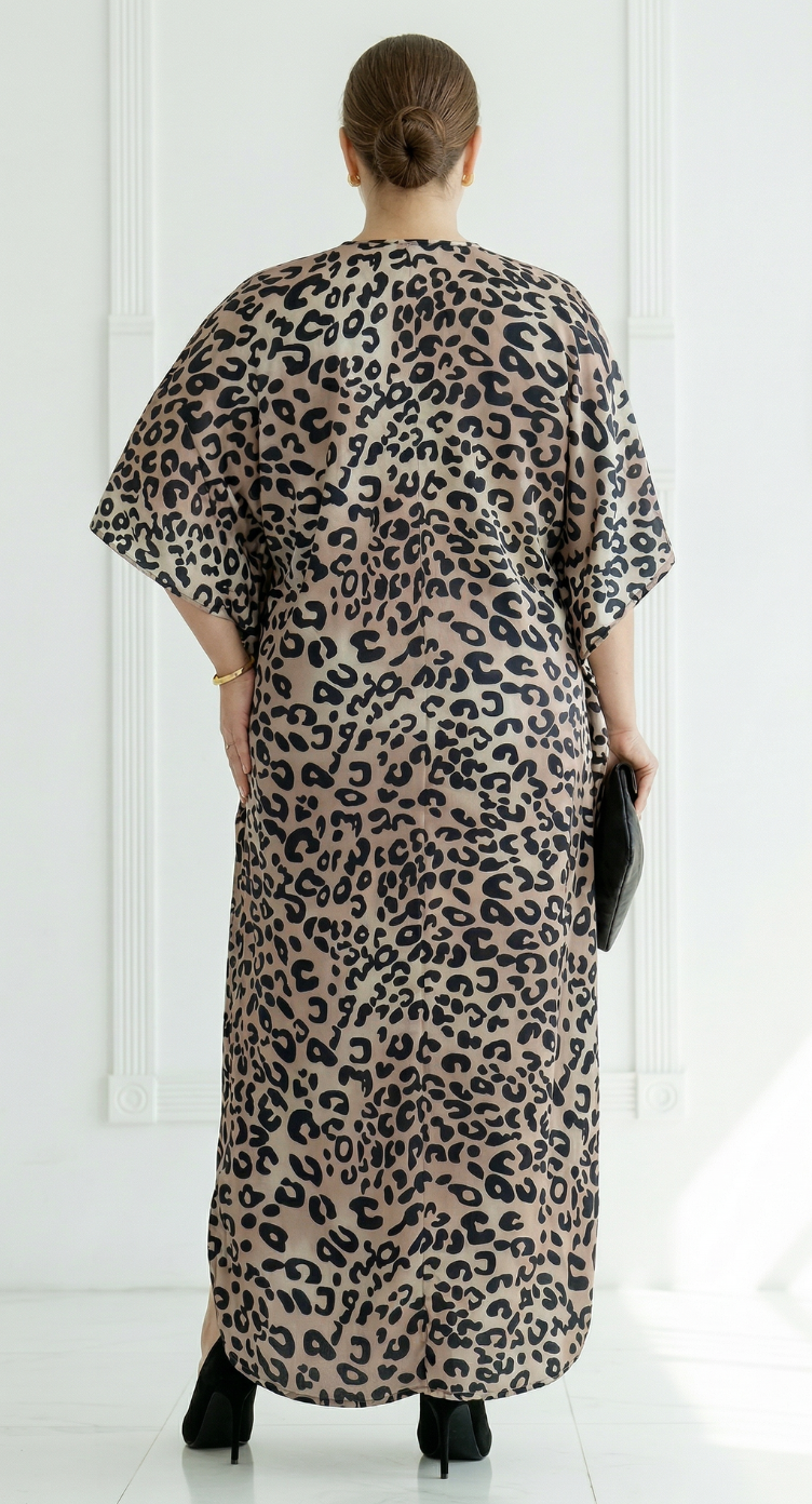 Brown Leopard Polyester Women Plus Size Kaftan Party Dress