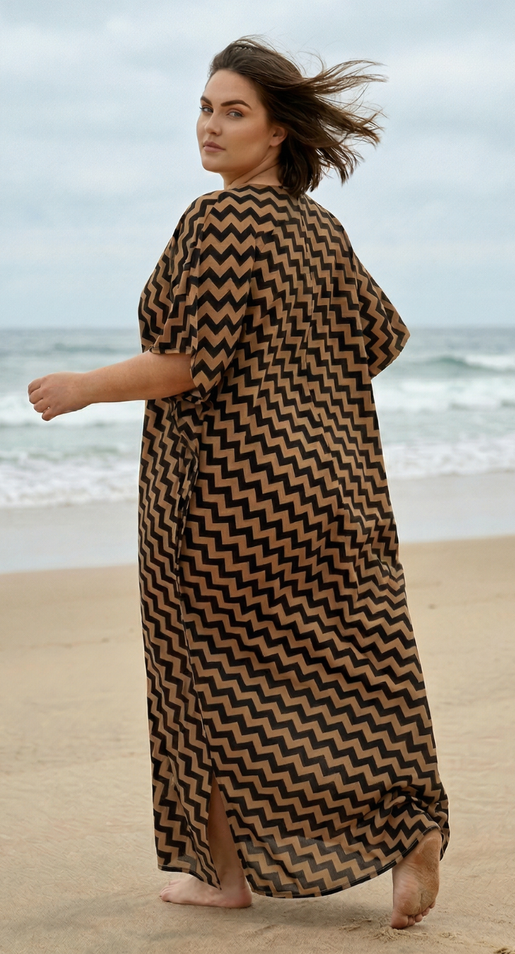Brown Chevron Polyester Women Plus Size Kaftan Resort Dress