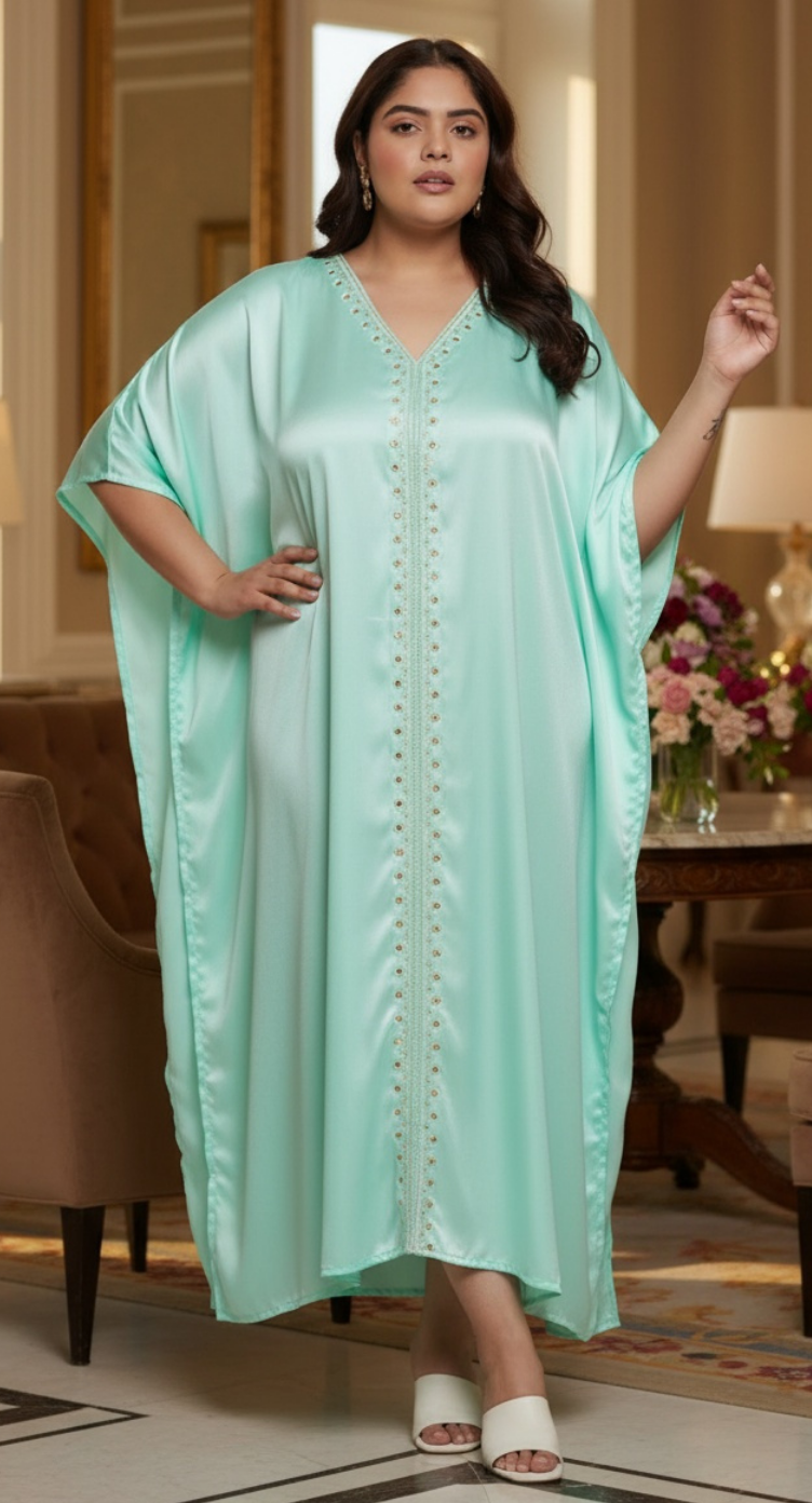 Embroidery Ice Green Satin Women Plus Size Summer Kaftan