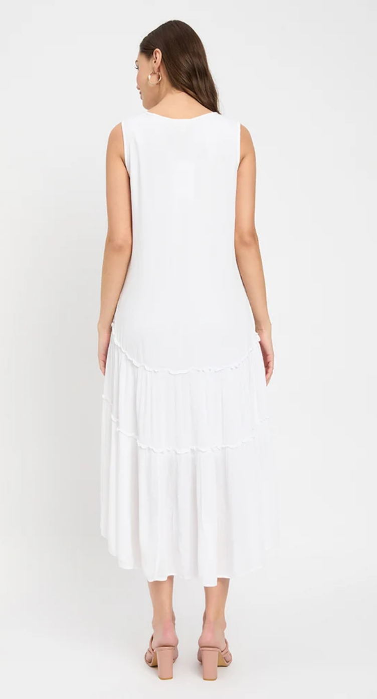 White Rayon Midi Dress for Women S-XL Sleeveless Round Neck | GypsieBlu