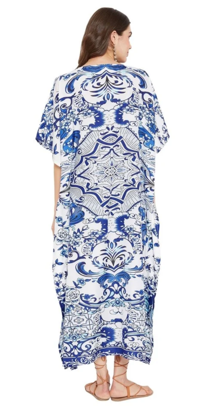 Floral Porcelain Damask Polyester Plus Size Kaftan for Women 1X-3X | GypsieBlu