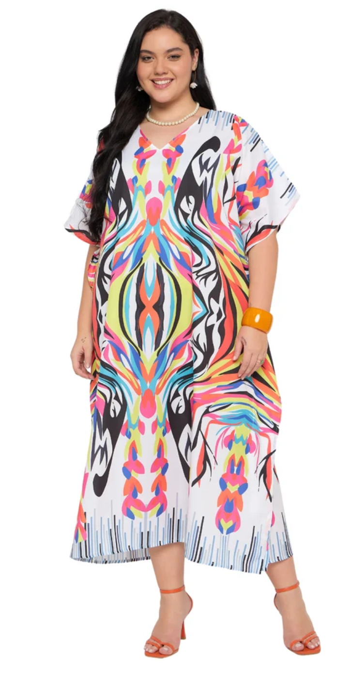 White Abstract Kaleidoscope Polyester Plus Size Kaftan for Women 1X-3X | GypsieBlu
