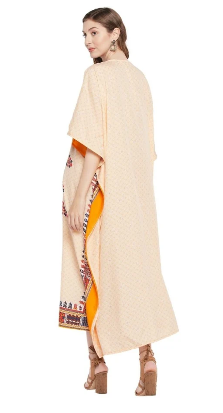 White & Orange Boho Dashiki Polyester Plus Size Kaftan for Women 1X-3X V Neck | GypsieBlu