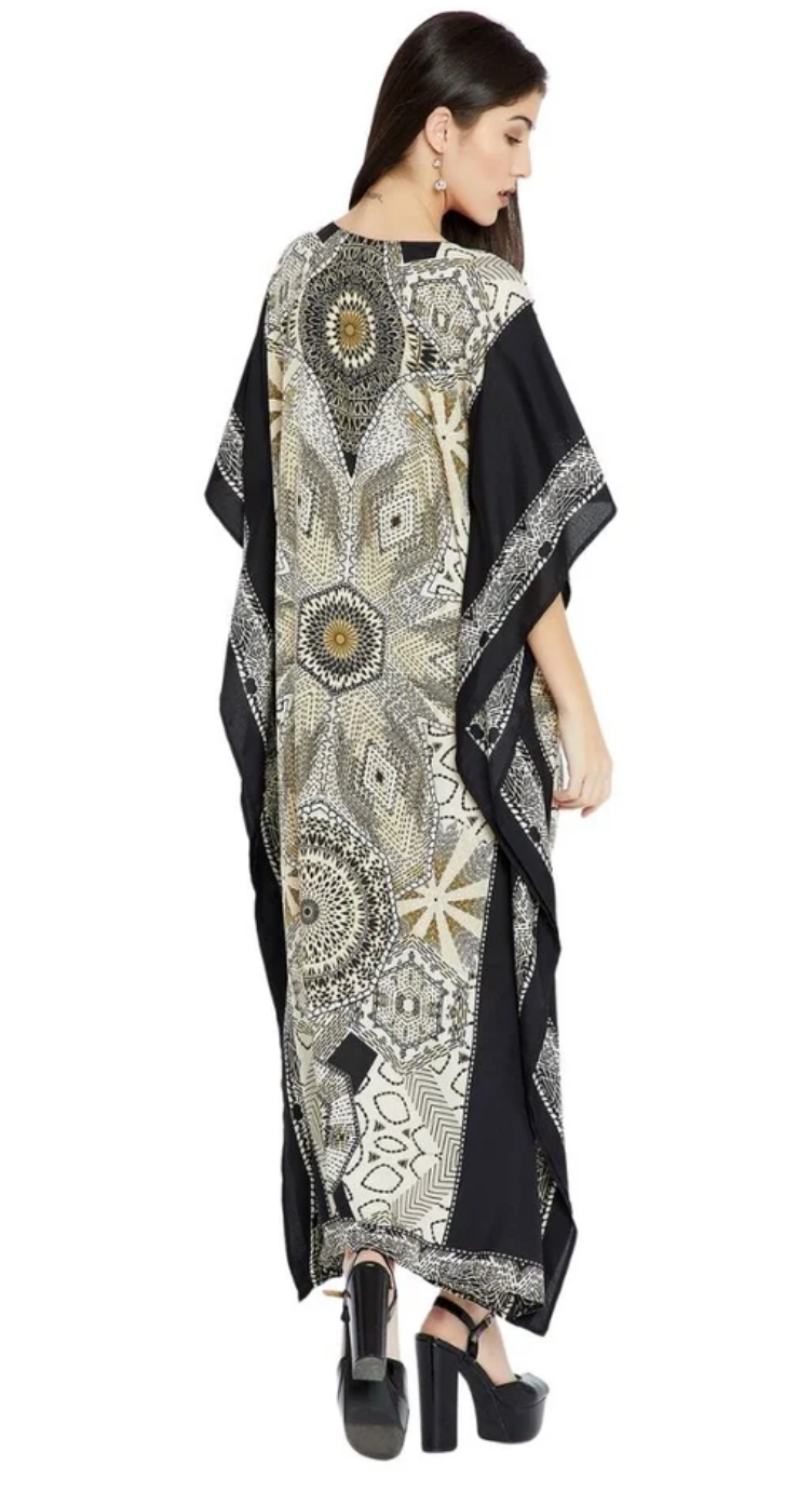 Black Mosaic Medallion Polyester Plus Size Kaftan for Women 1X-3X | GypsieBlu