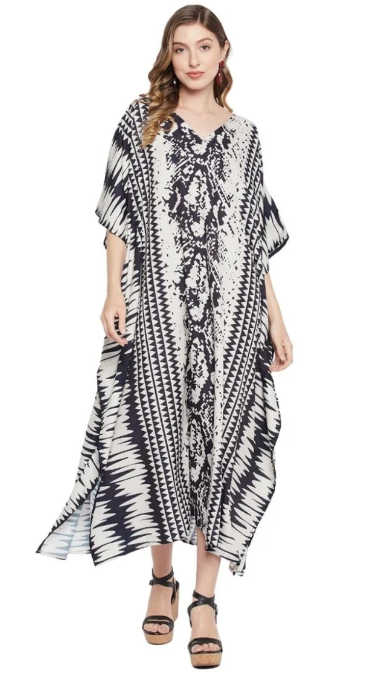 White Ikat Chevron Polyester Plus Size Kaftan for Women 1X-3X | GypsieBlu