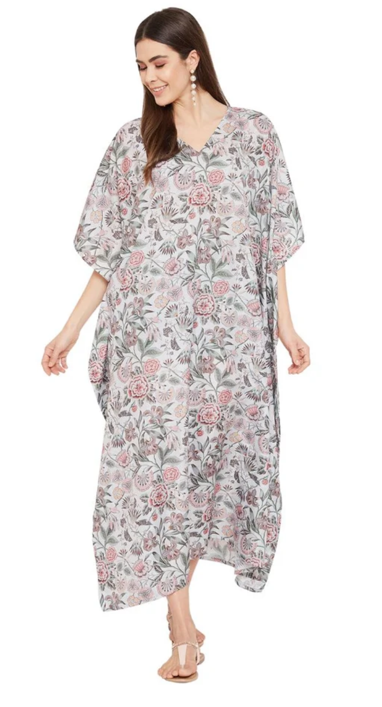 Ivory Floral Polyester Plus Size Kaftan Dress for Women 1X-3X 3/4 Sleeve | GypsieBlu