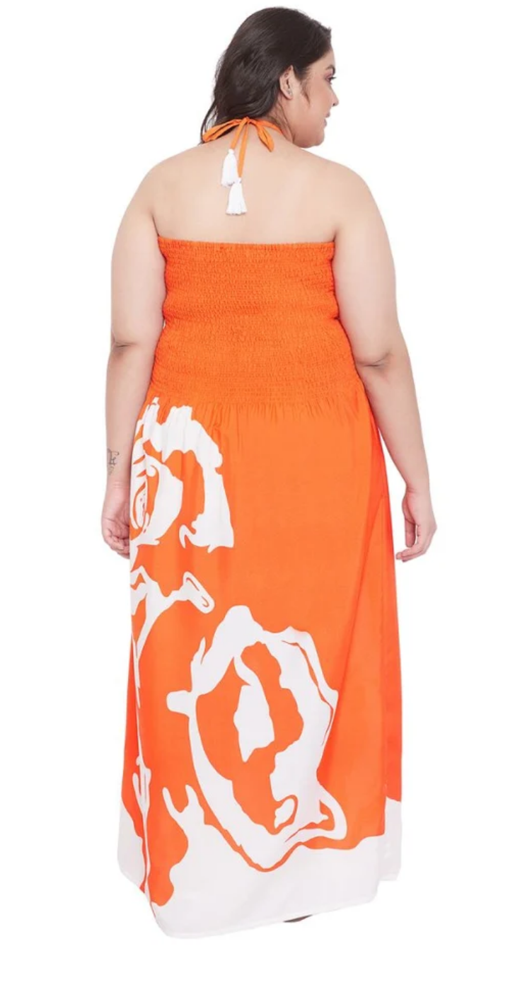 Orange Rose-Print Maxi Polyester Plus Size Tube Dress for Women 1X-3X Sleeveless | GypsieBlu