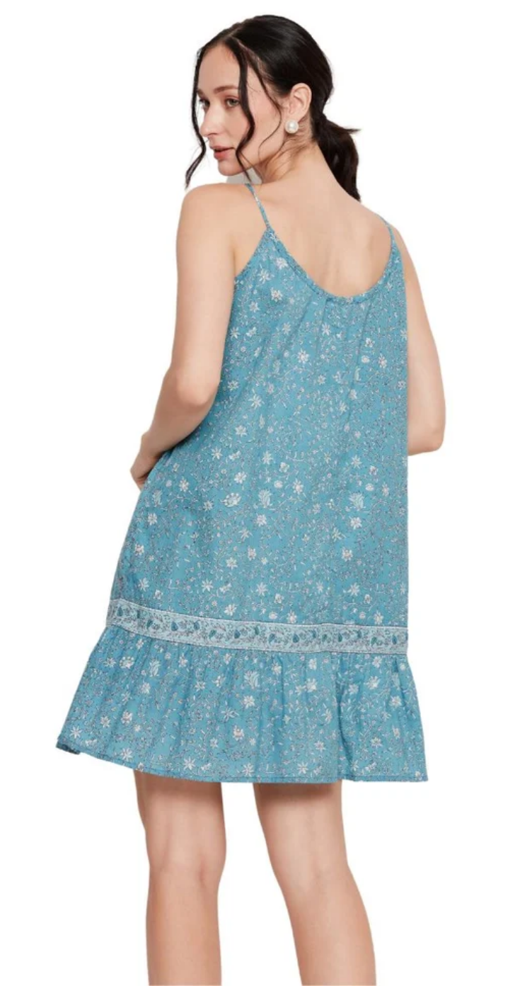 Turquoise Floral Cotton Dress for Women S-XL Sleeveless Halter Neck | GypsieBlu