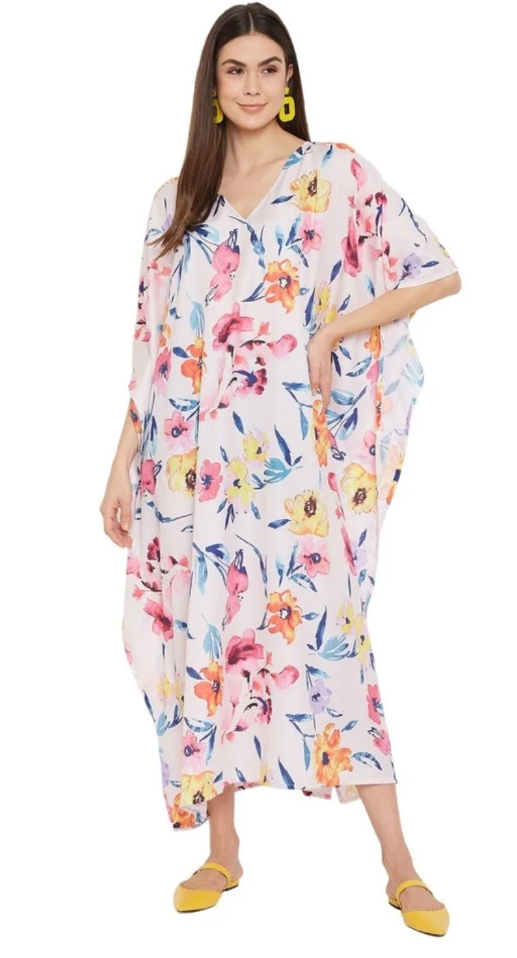 Floral Watercolor Polyester Plus Size Kaftan for Women 1X-3X V Neck | GypsieBlu