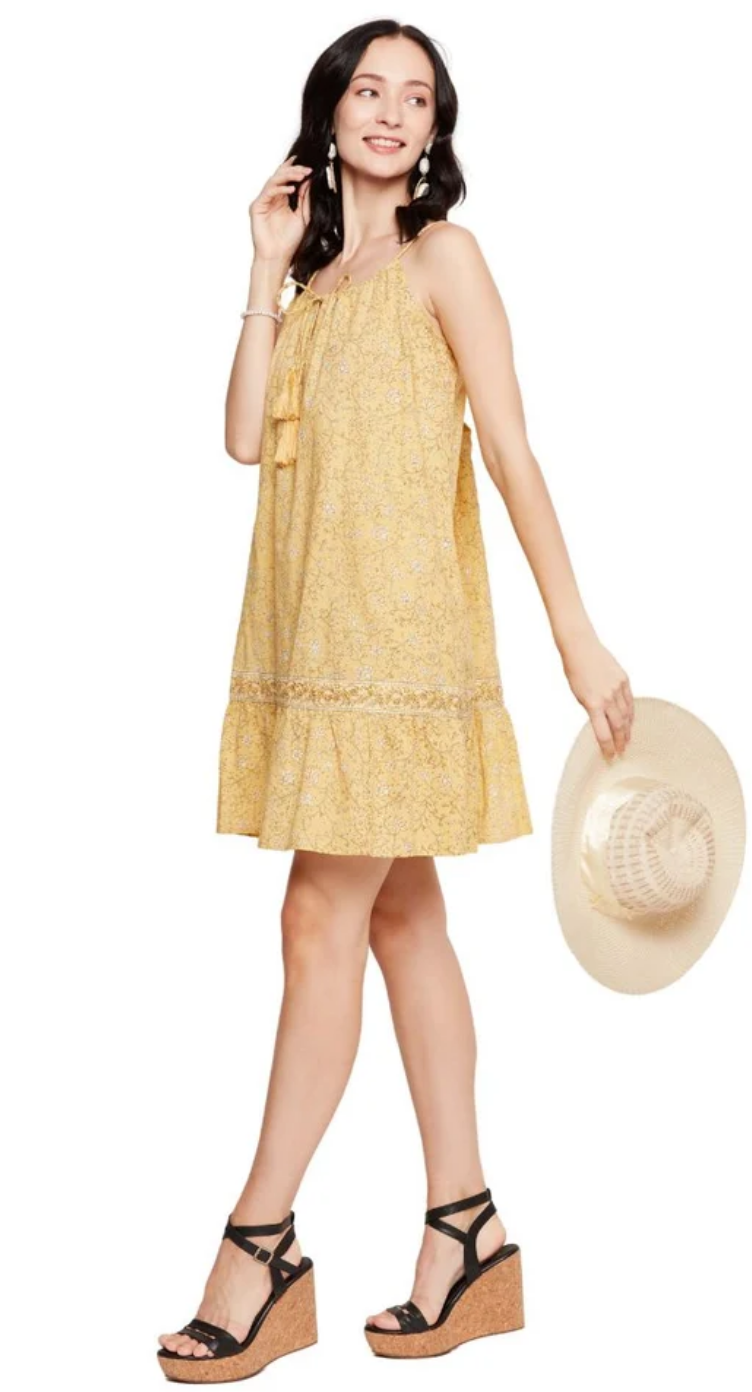 Yellow Ditsy Floral Cotton Mini Dress for Women S-XL Sleeveless | GypsieBlu