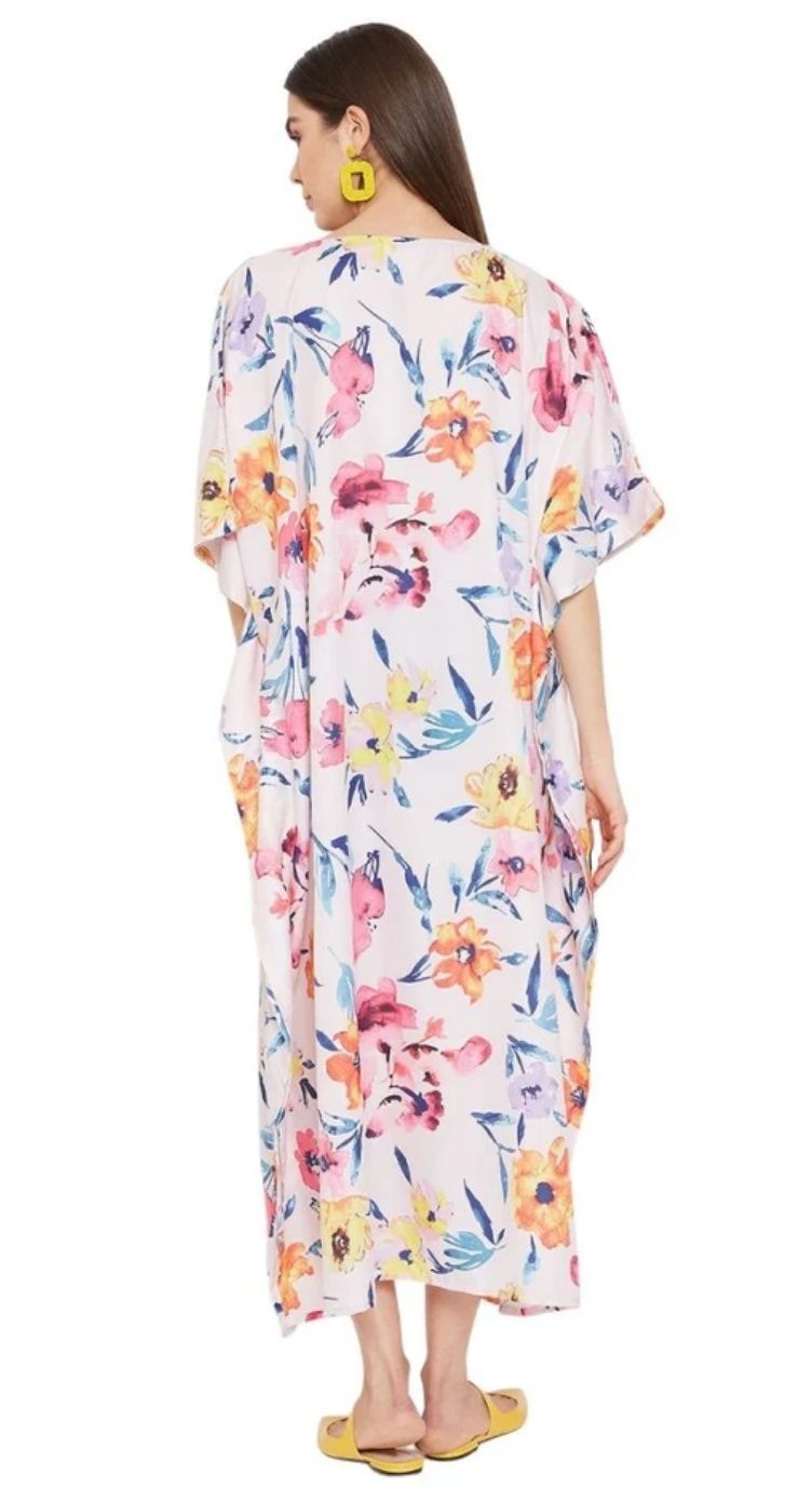 Floral Watercolor Polyester Plus Size Kaftan for Women 1X-3X V Neck | GypsieBlu