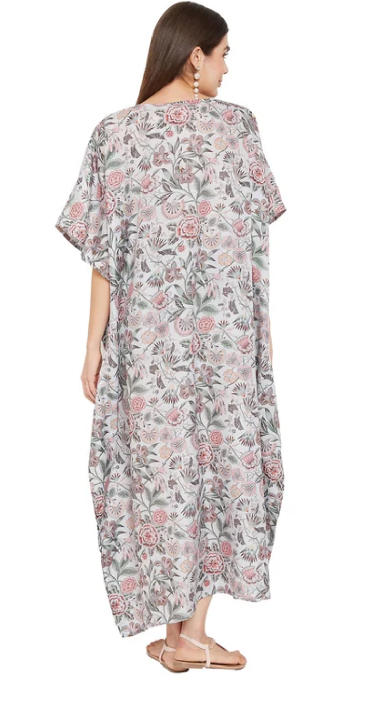 Ivory Floral Polyester Plus Size Kaftan Dress for Women 1X-3X 3/4 Sleeve | GypsieBlu
