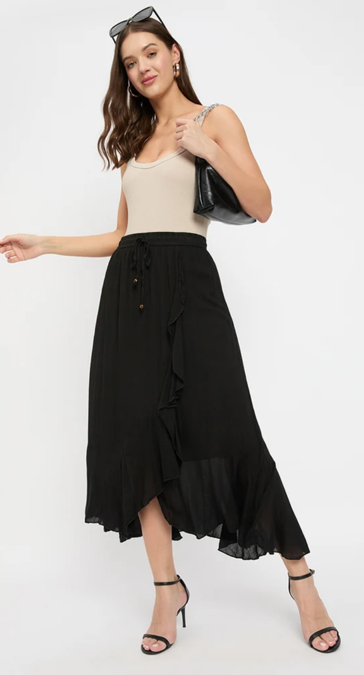 Black Ruffled Asymmetrical Rayon Skirt for Women S-XL | GypsieBlu