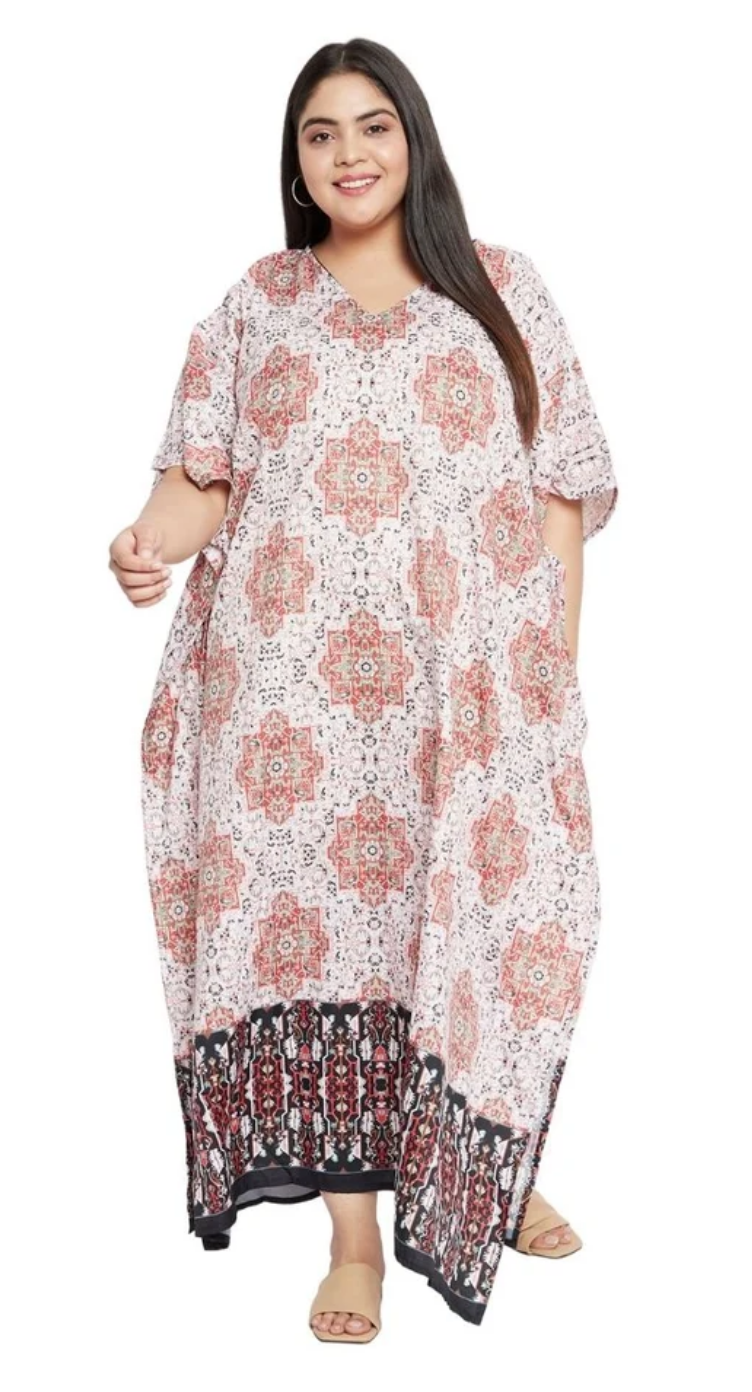 Multicolor Red Medallion Polyester Plus Size Kaftan for Women 1X-3X | GypsieBlu