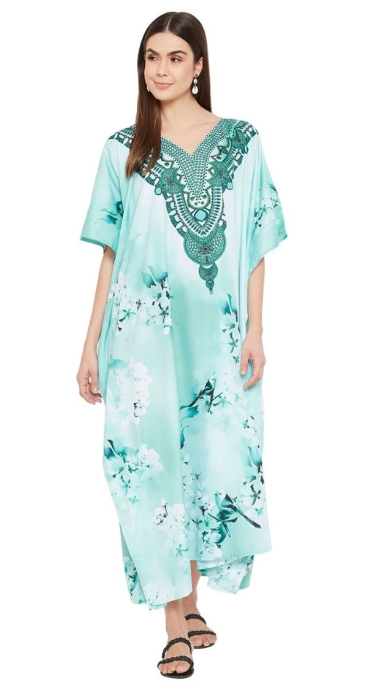 Mint Floral Polyester Plus Size Kaftan Dress for Women 1X-3X 3/4 Sleeve | GypsieBlu