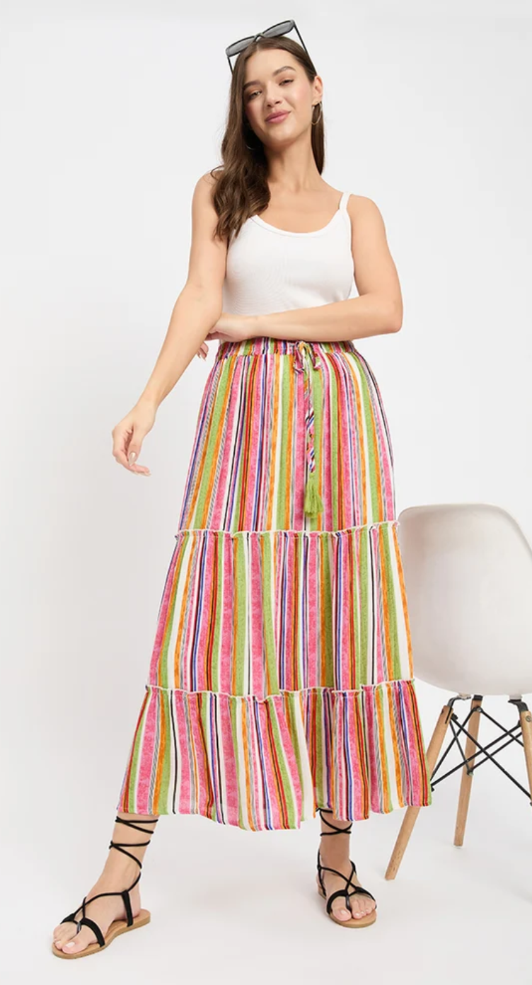 Multicolor Tiered Stripe Rayon Skirt for Women S-XL | GypsieBlu