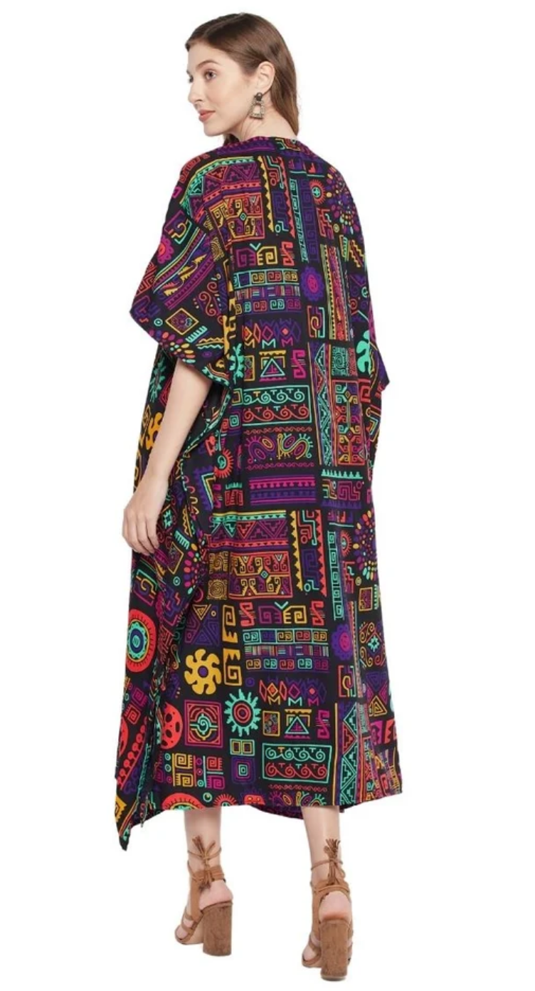 Multicolor Neon Tribal Polyester Plus Size Kaftan for Women 1X-3X | GypsieBlu