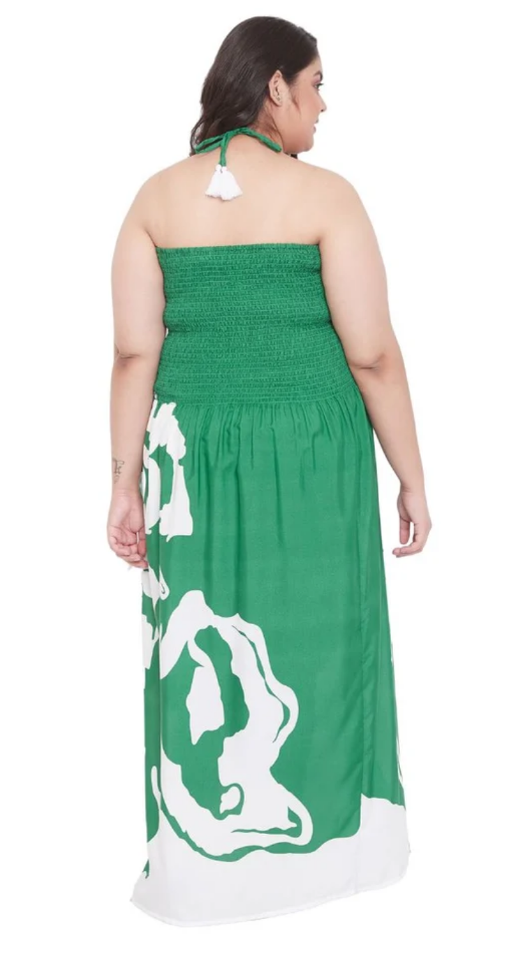 Green Rose-Print Maxi Polyester Plus Size Tube Dress for Women 1X-3X Sleeveless | GypsieBlu