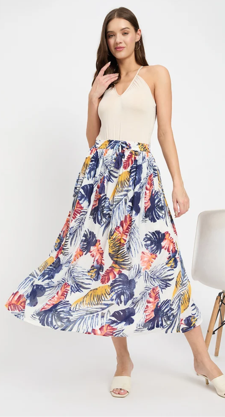 Multicolor All-Over Tropical Leaf Rayon Skirt for Women S-XL | GypsieBlu