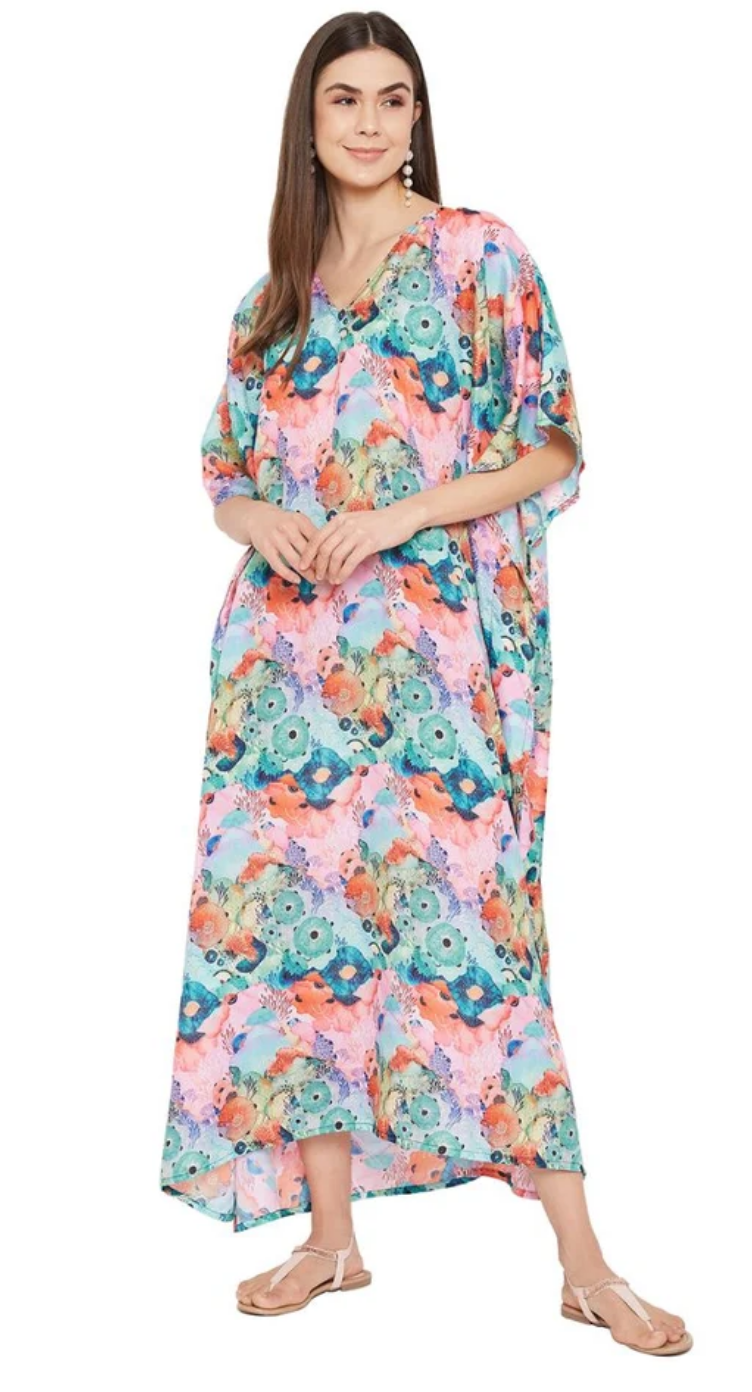 Multicolor Watercolor Floral Polyester Plus Size Kaftan Dress for Women 1X-3X | GypsieBlu
