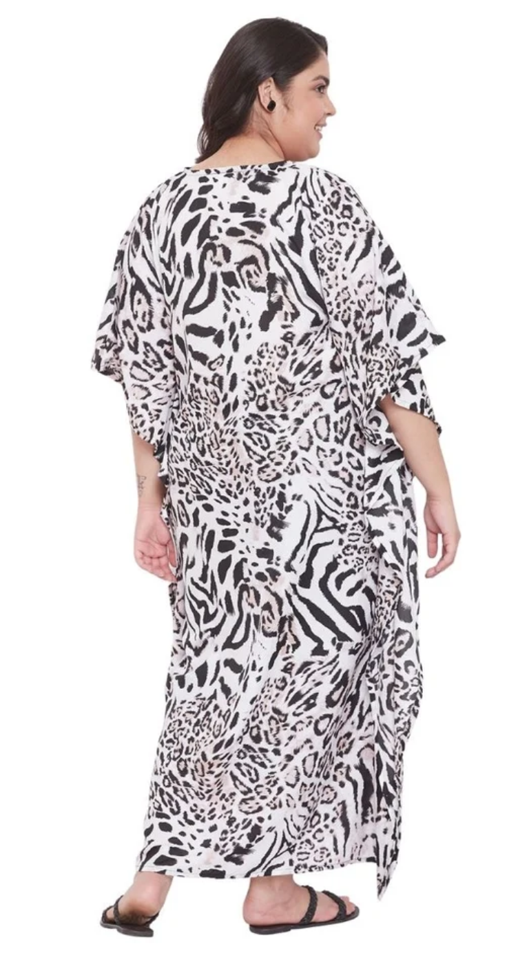 White Zebra Leopard Polyester Plus Size Kaftan for Women 1X-3X | GypsieBlu