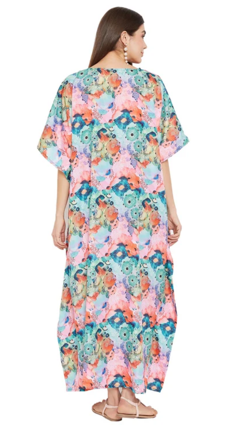 Multicolor Watercolor Floral Polyester Plus Size Kaftan Dress for Women 1X-3X | GypsieBlu