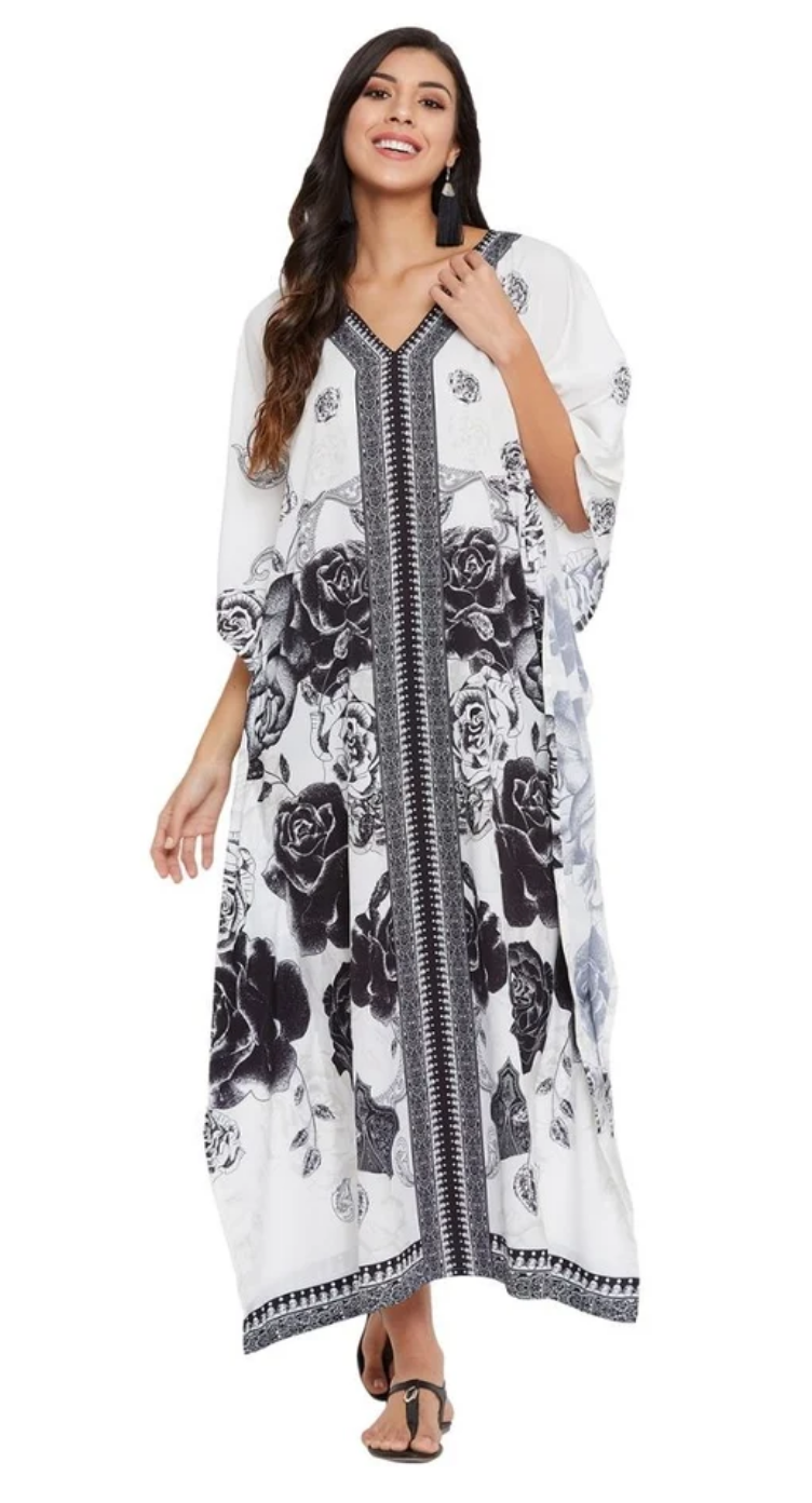 Black & White Floral Border Polyester Plus Size Kaftan for Women 1X-3X 3/4 Sleeve | GypsieBlu