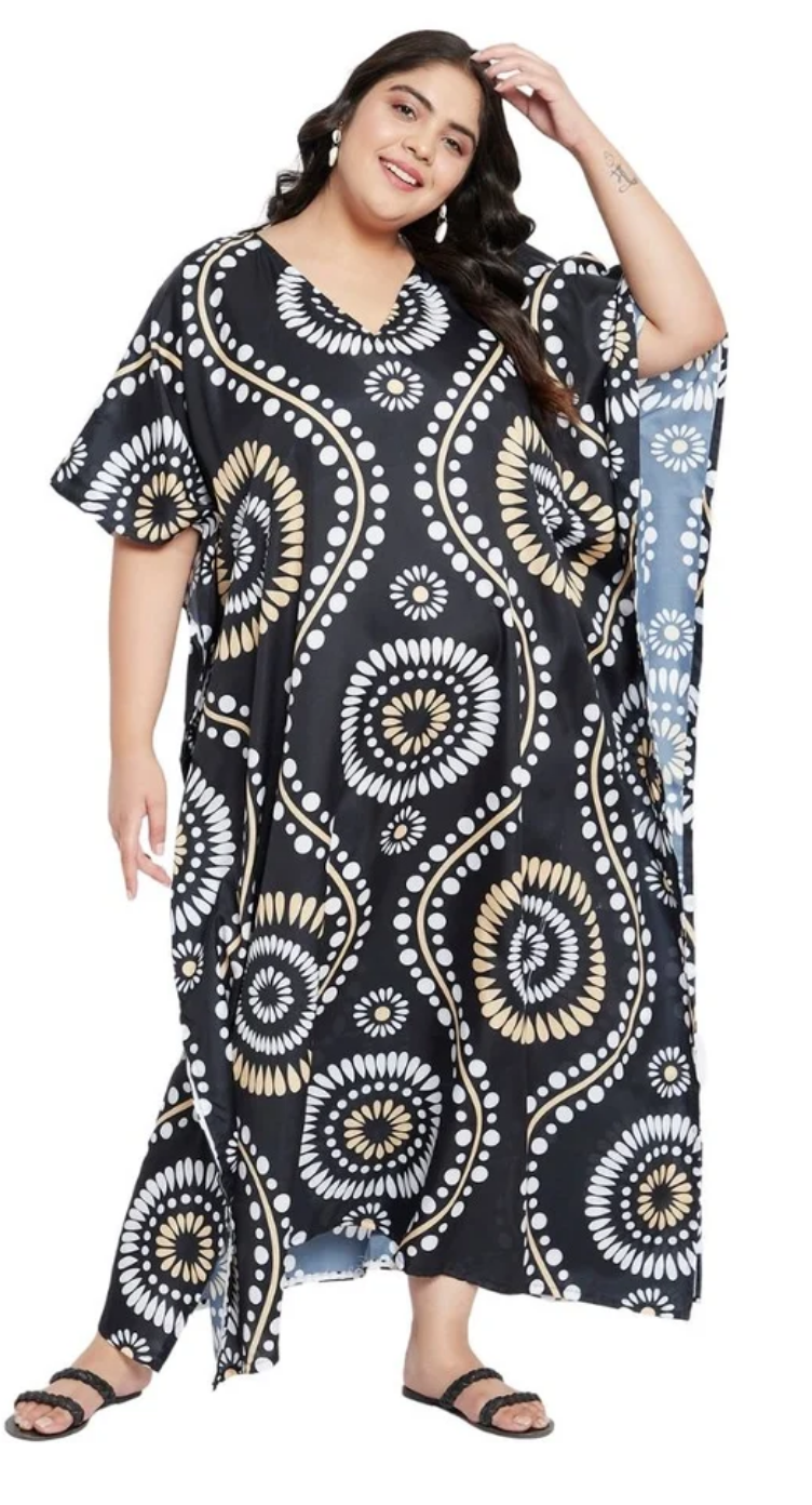 Black Batik Circular Polyester Plus Size Kaftan for Women 1X-3X | GypsieBlu