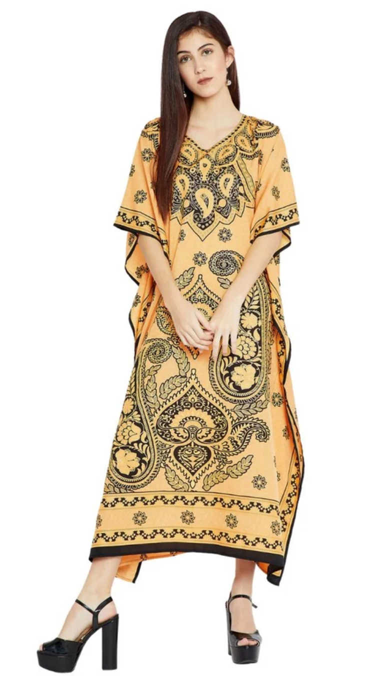 Yellow Paisley Floral Polyester Plus Size Kaftan for Women 1X-3X | GypsieBlu