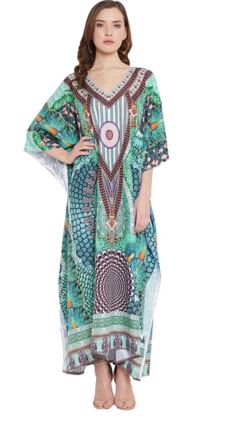 Green Peacock Polyester Plus Size Kaftan Dress for Women 1X-3X | GypsieBlu
