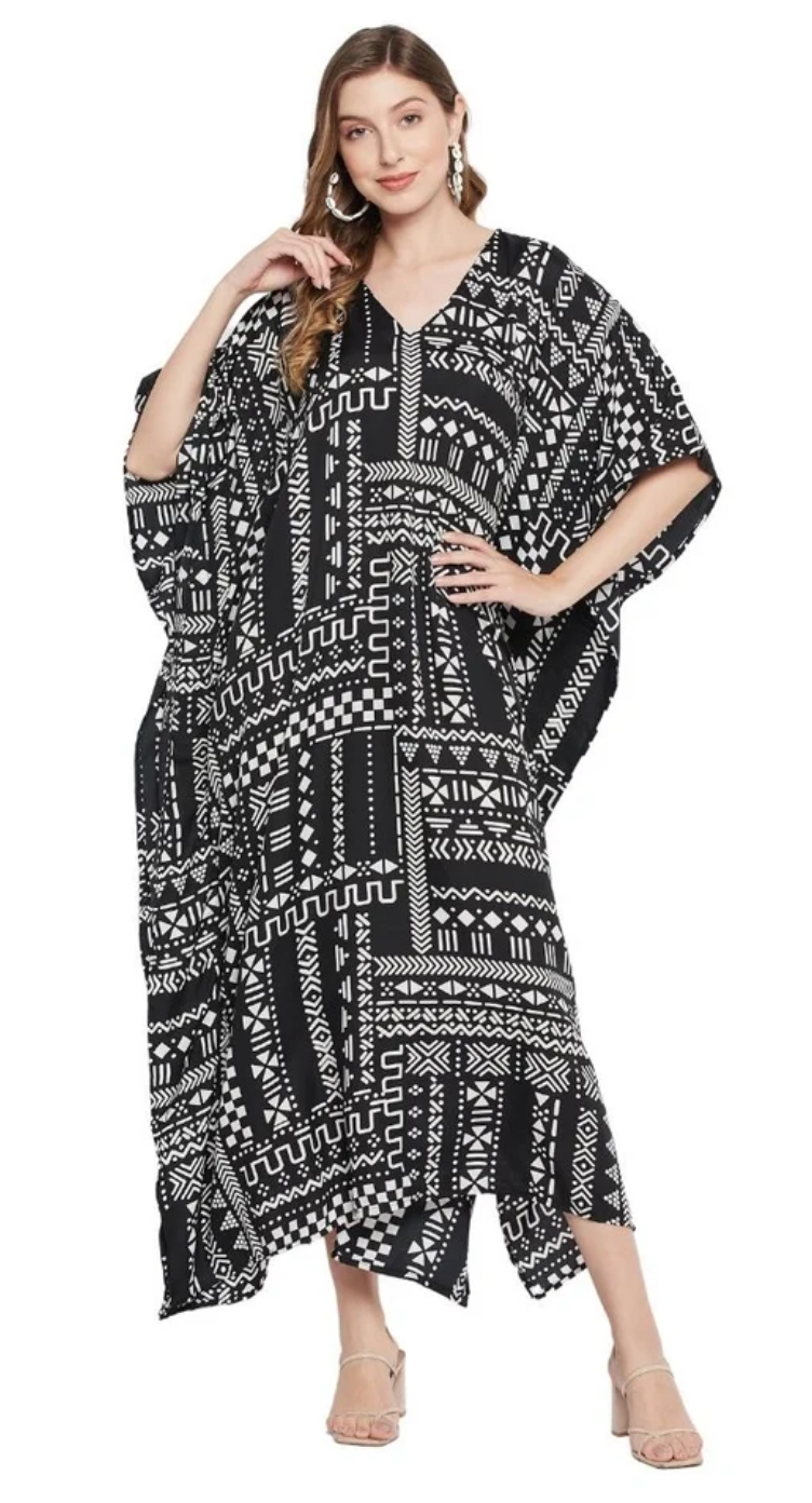 Black Tribal Patchwork Polyester Plus Size Kaftan for Women 1X-3X | GypsieBlu