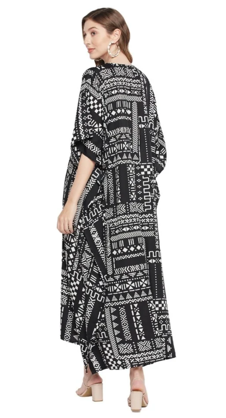 Black Tribal Patchwork Polyester Plus Size Kaftan for Women 1X-3X | GypsieBlu