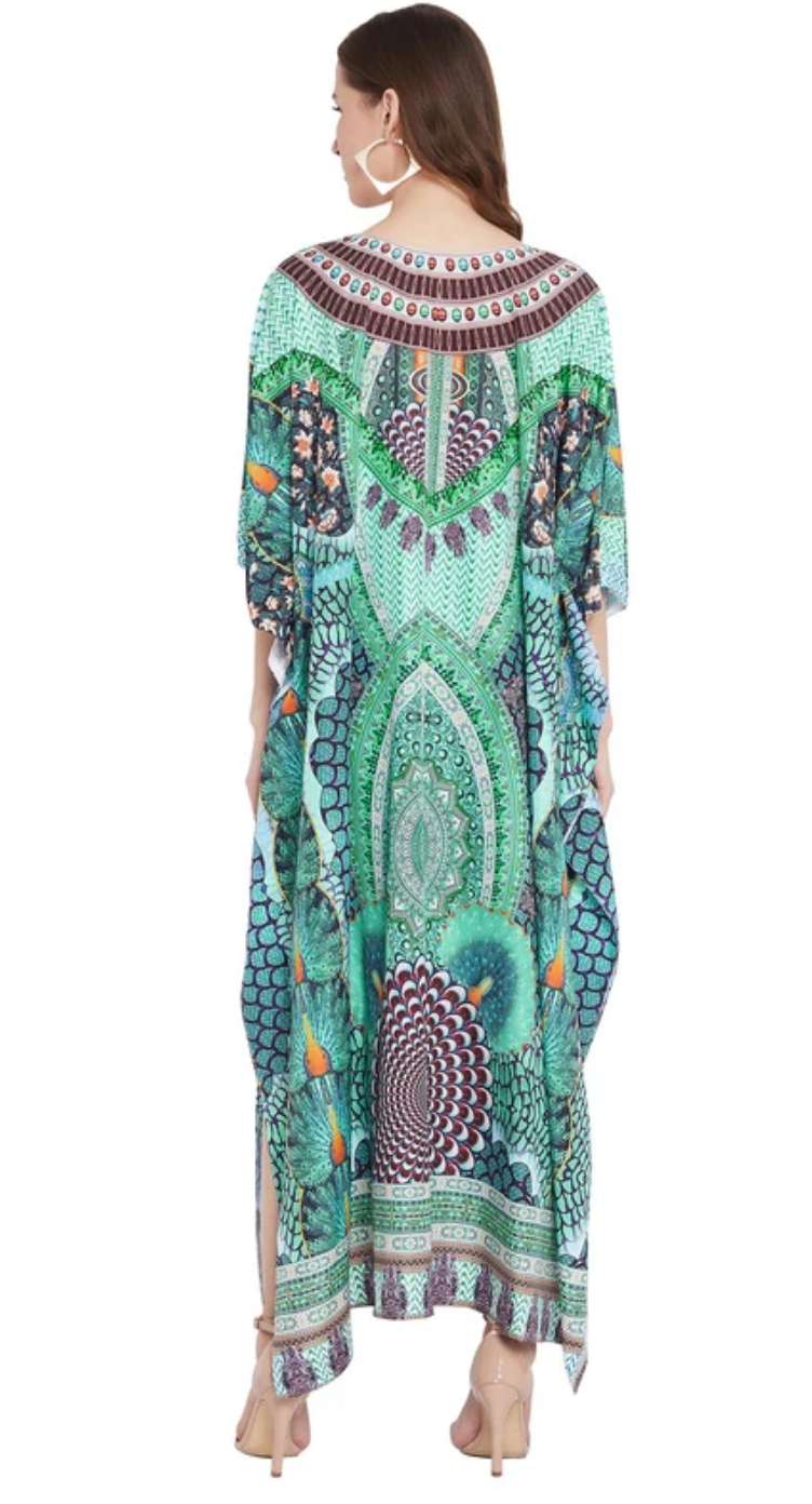 Green Peacock Polyester Plus Size Kaftan Dress for Women 1X-3X | GypsieBlu