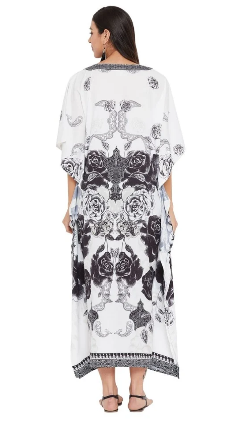 Black & White Floral Border Polyester Plus Size Kaftan for Women 1X-3X 3/4 Sleeve | GypsieBlu