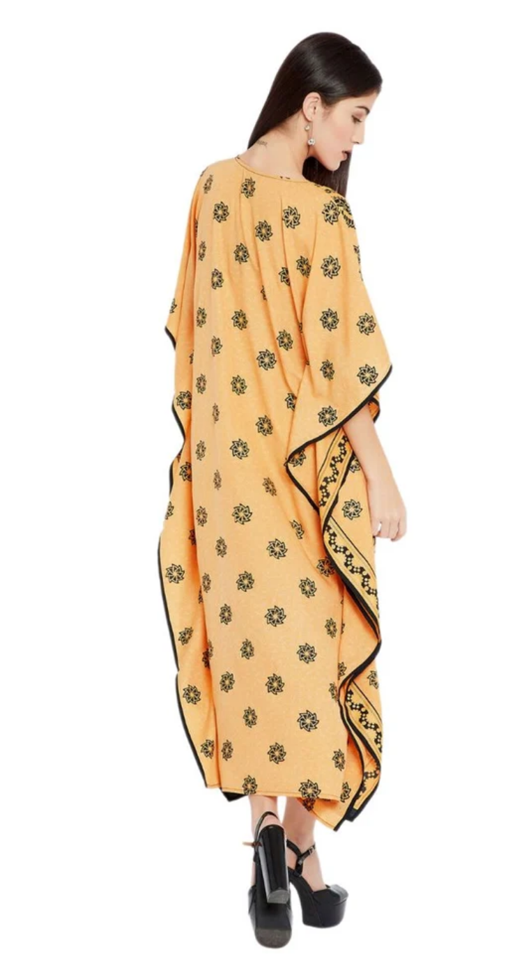 Yellow Paisley Floral Polyester Plus Size Kaftan for Women 1X-3X | GypsieBlu