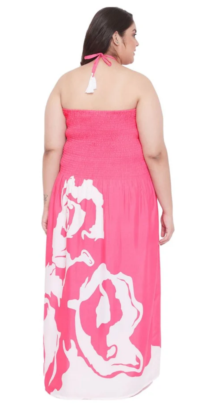 Pink Rose-Print Floral Polyester Plus Size Tube Dress for Women 1X-3X Sleeveless | GypsieBlu