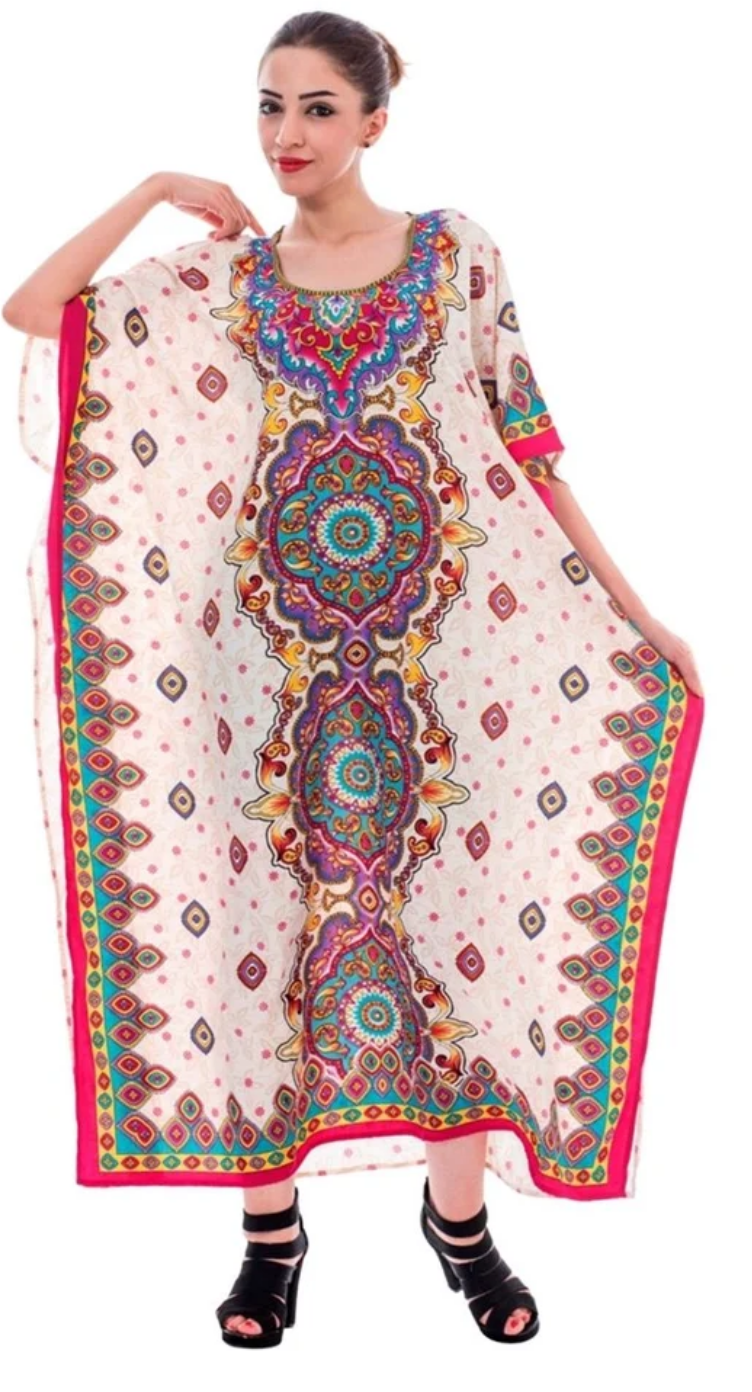 Cream Medallion Mandala Polyester Plus Size Kaftan for Women 1X-3X | GypsieBlu