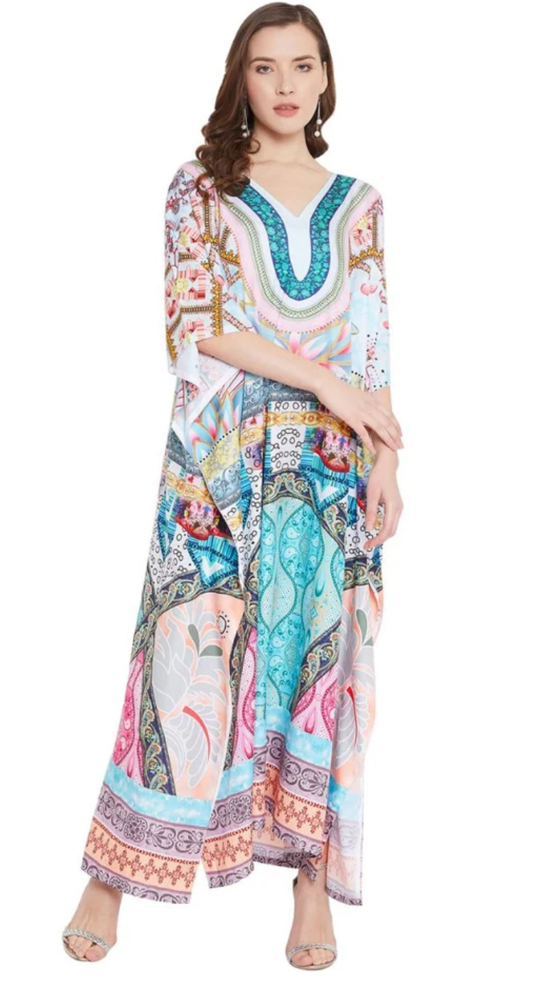 Turquoise & Pink Scarf Paisley Polyester Plus Size Kaftan Dress for Women 1X-3X | GypsieBlu