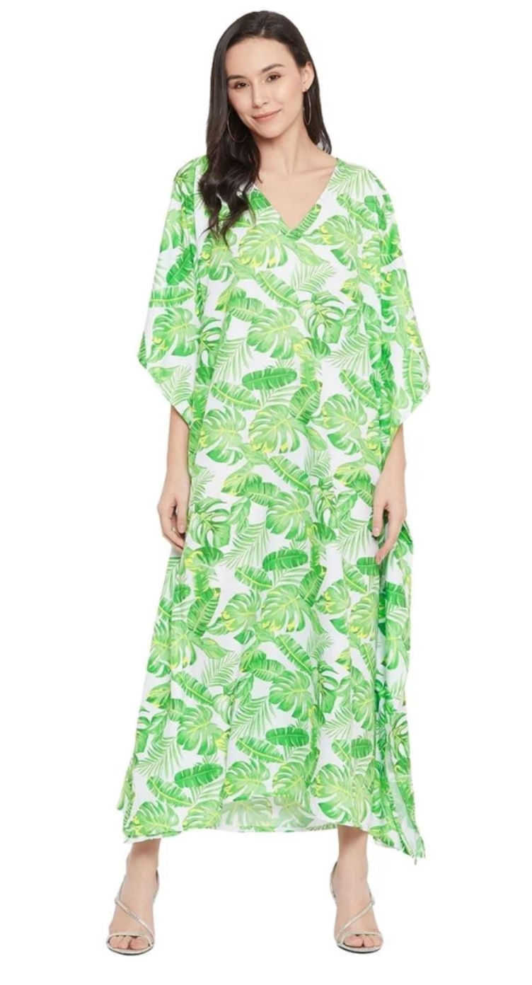 Green Tropical Palm Polyester Plus Size Kaftan for Women 1X-3X | GypsieBlu