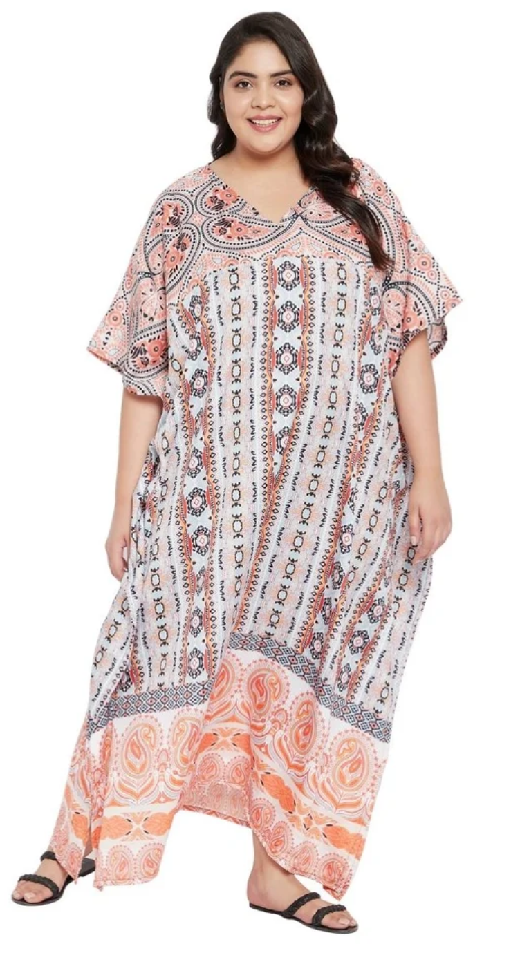 Orange Paisley Stripe Polyester Plus Size Kaftan for Women 1X-3X | GypsieBlu