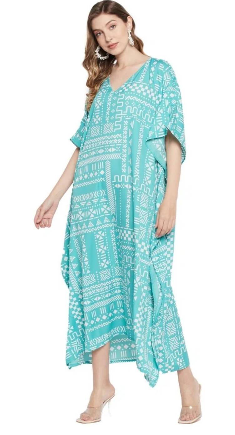 Turquoise Tribal Patchwork Polyester Plus Size Kaftan for Women 1X-3X | GypsieBlu