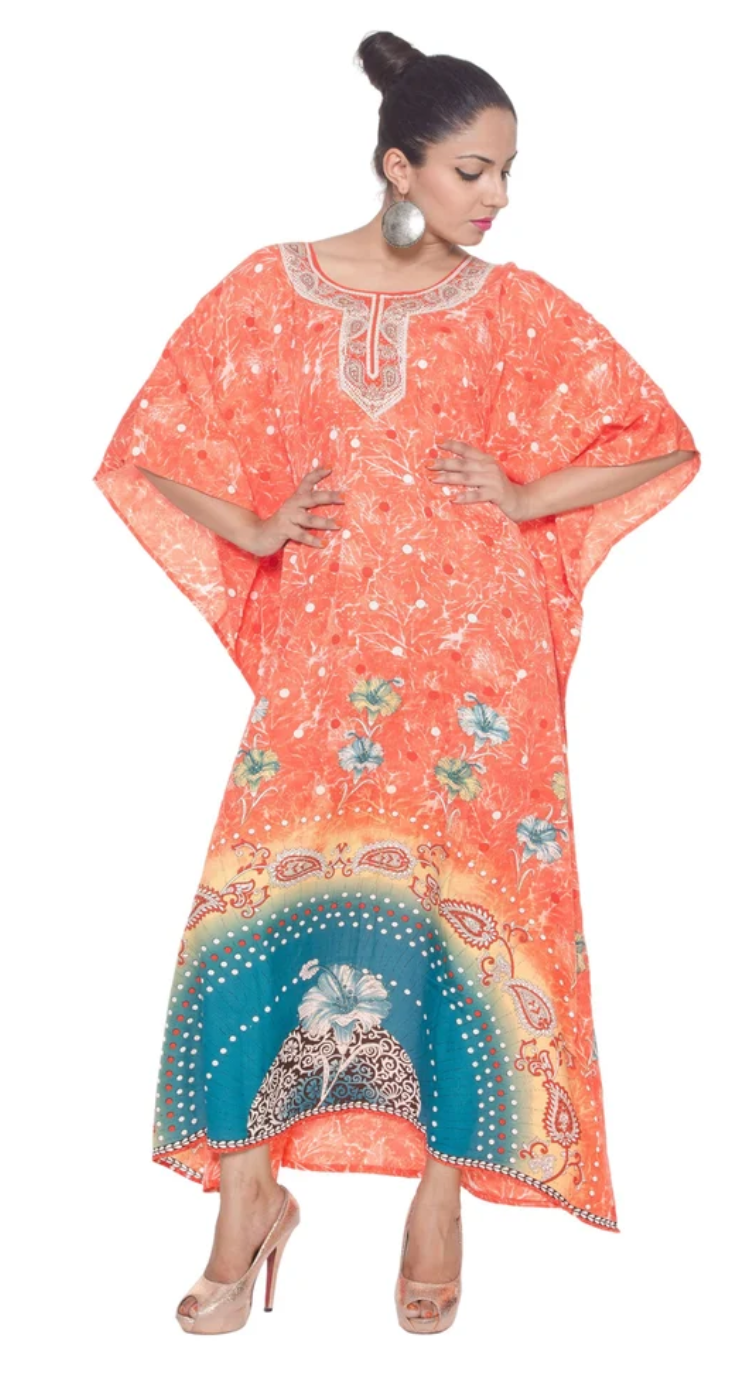 GypsieBlu Orange & Multicolor Polyester Plus Size Kaftan for Women Kimono Sleeve 1X-3X - Floral Paisley Peacock Medallion Print