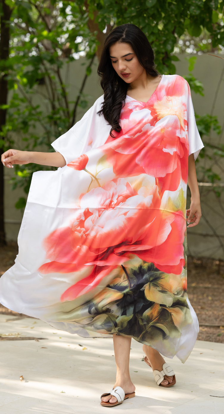 Floral White Satin Silk Women Plus Size Caftan Loungewear Dress